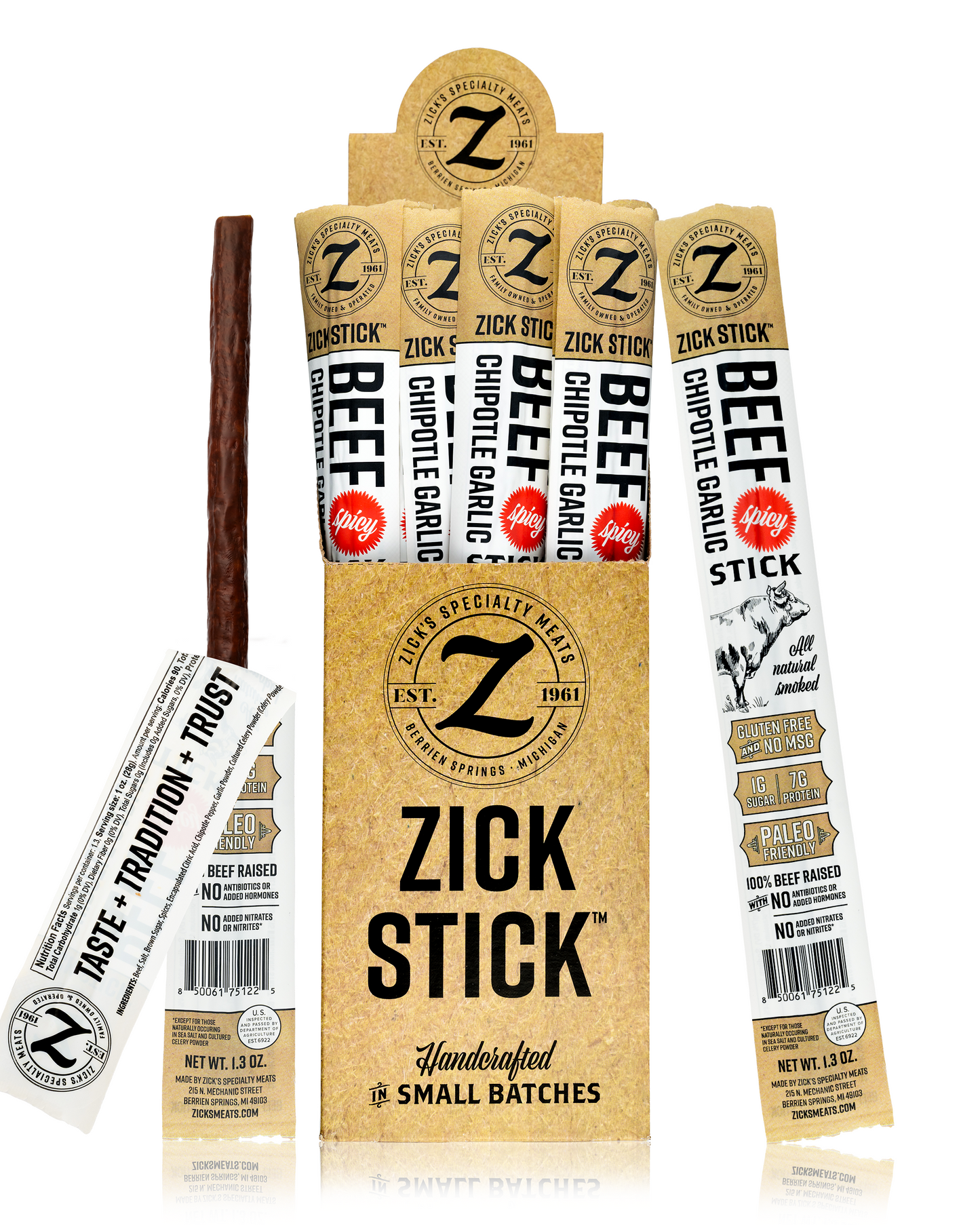 Zick Stick beef jerky packaging with multiple sticks displayed.