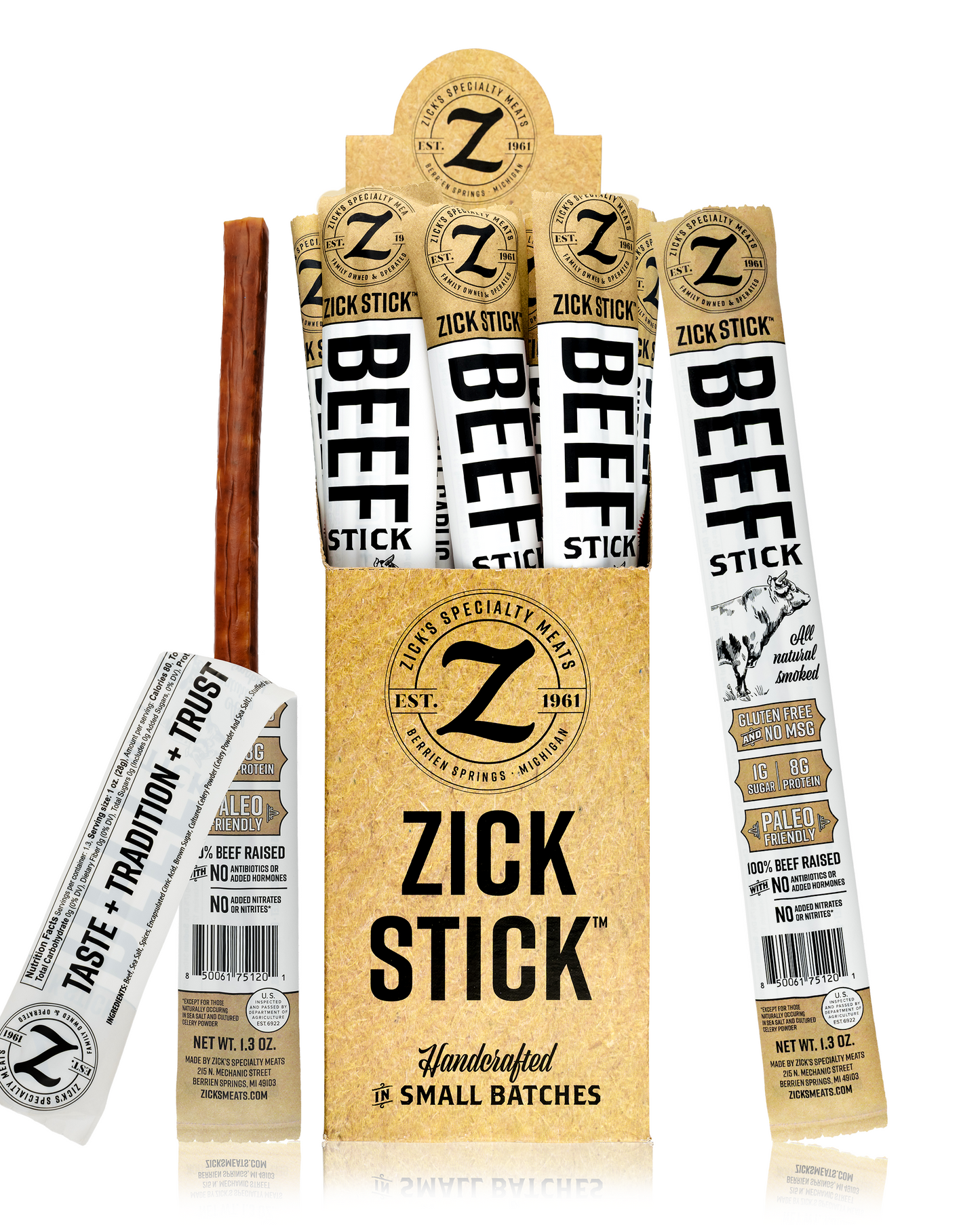 Zick Stick beef sticks packaging with multiple sticks displayed