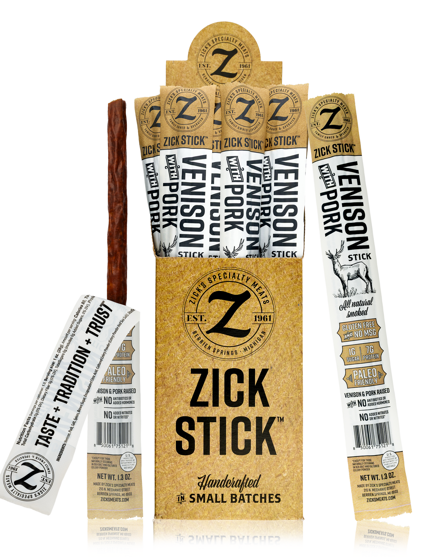 Zick Stick venison and pork sticks packaging on a white background