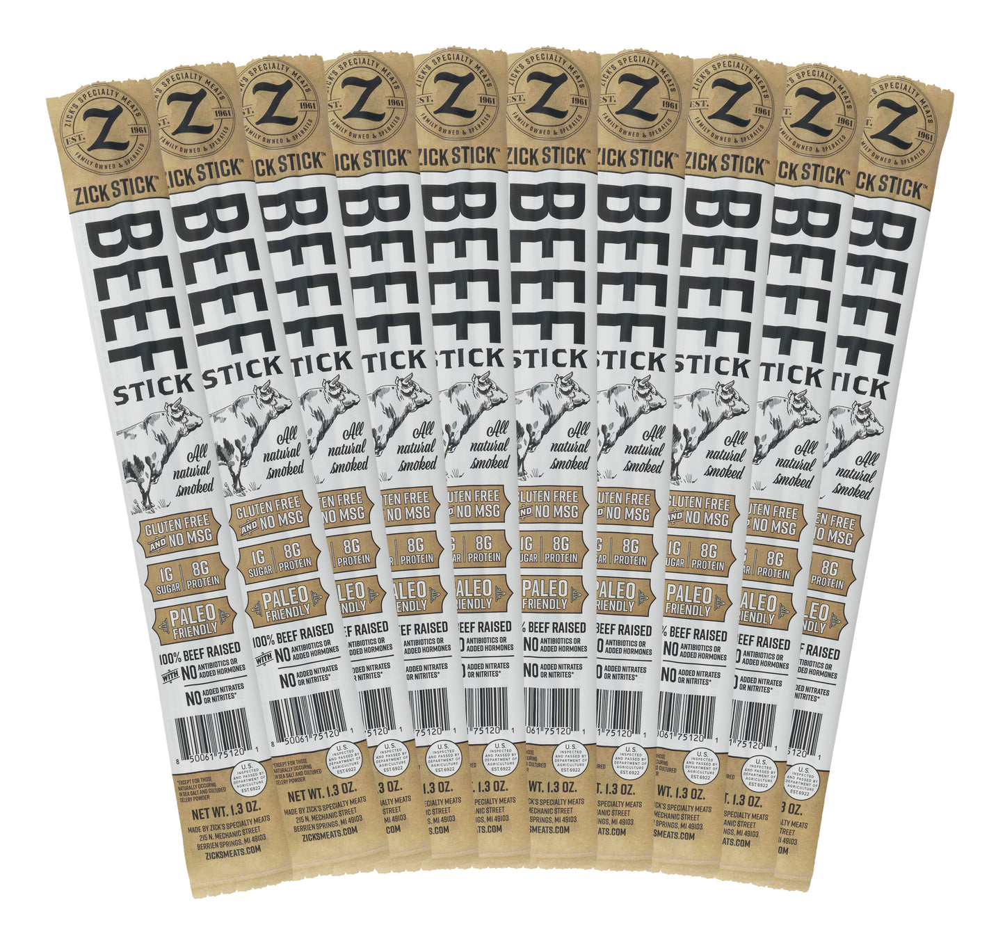 Multiple packages of Zick Stick Beef Stick packaging on a white background