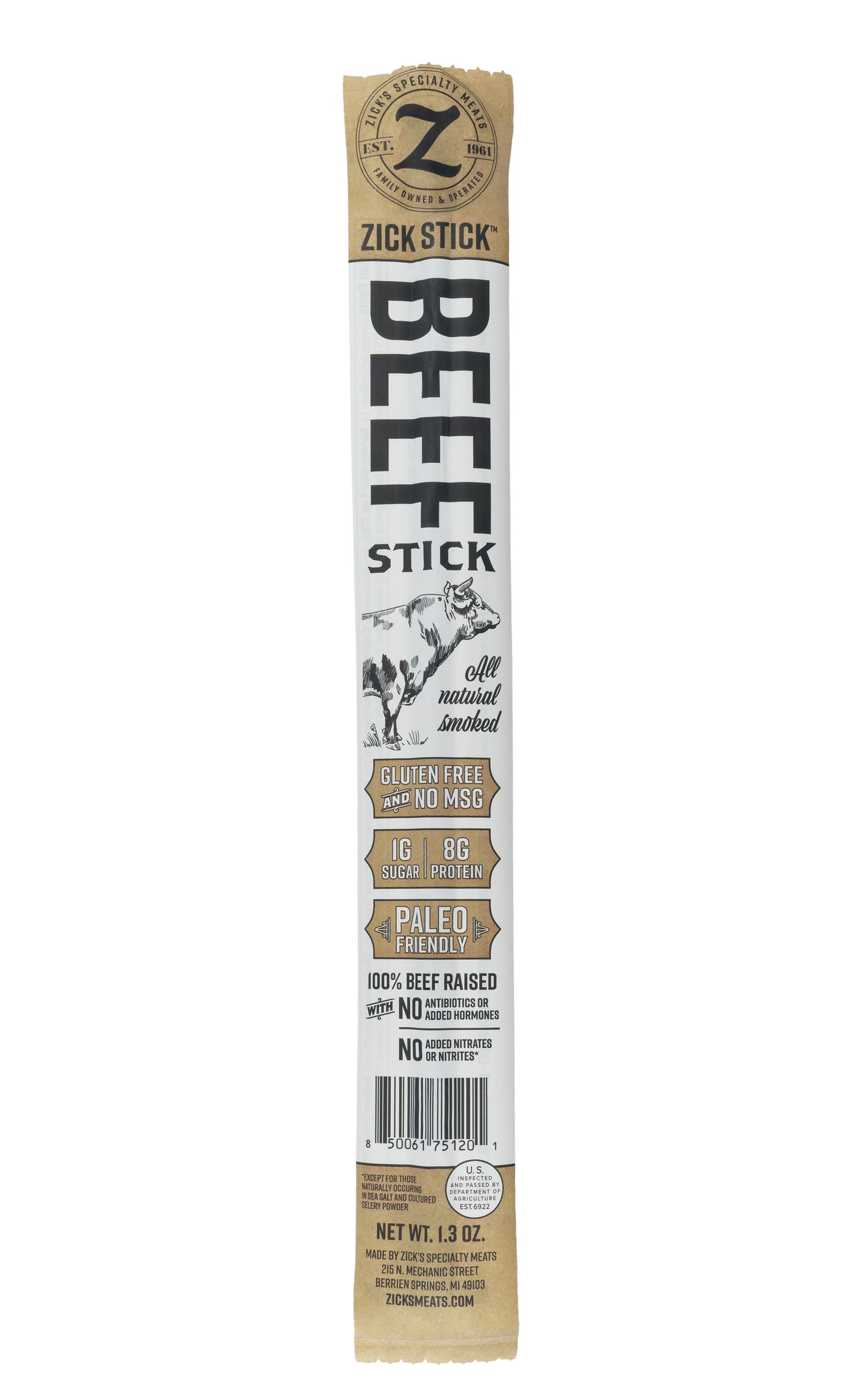Zick Stick Beef Stick packaging on a white background