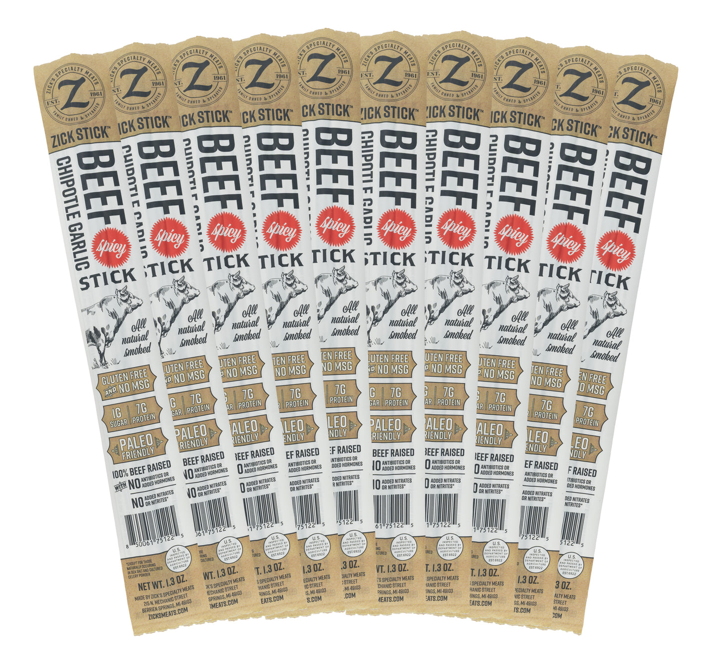 Multiple packages of Zick Stick Spicy Beef Sticks on a white background