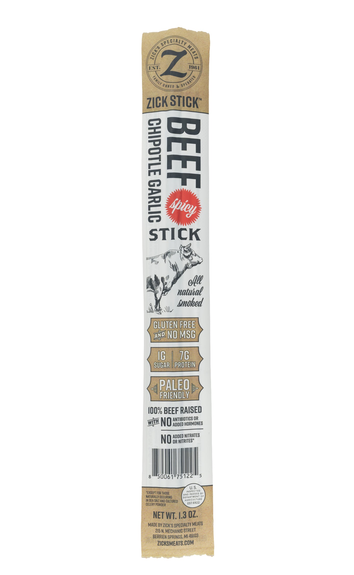 Zick Stick Spicy Beef Stick packaging with label on a white background