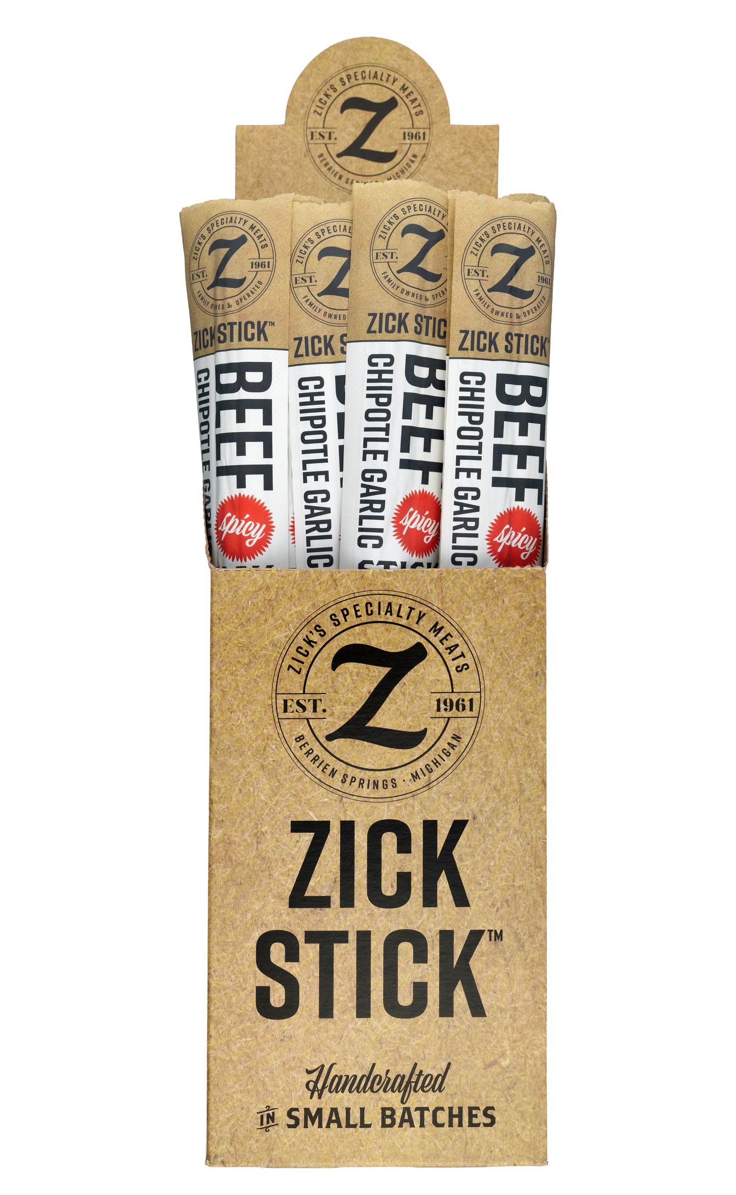 Zick Stick 24 packaging with spicy beef and chipotle garlic flavors on a white background