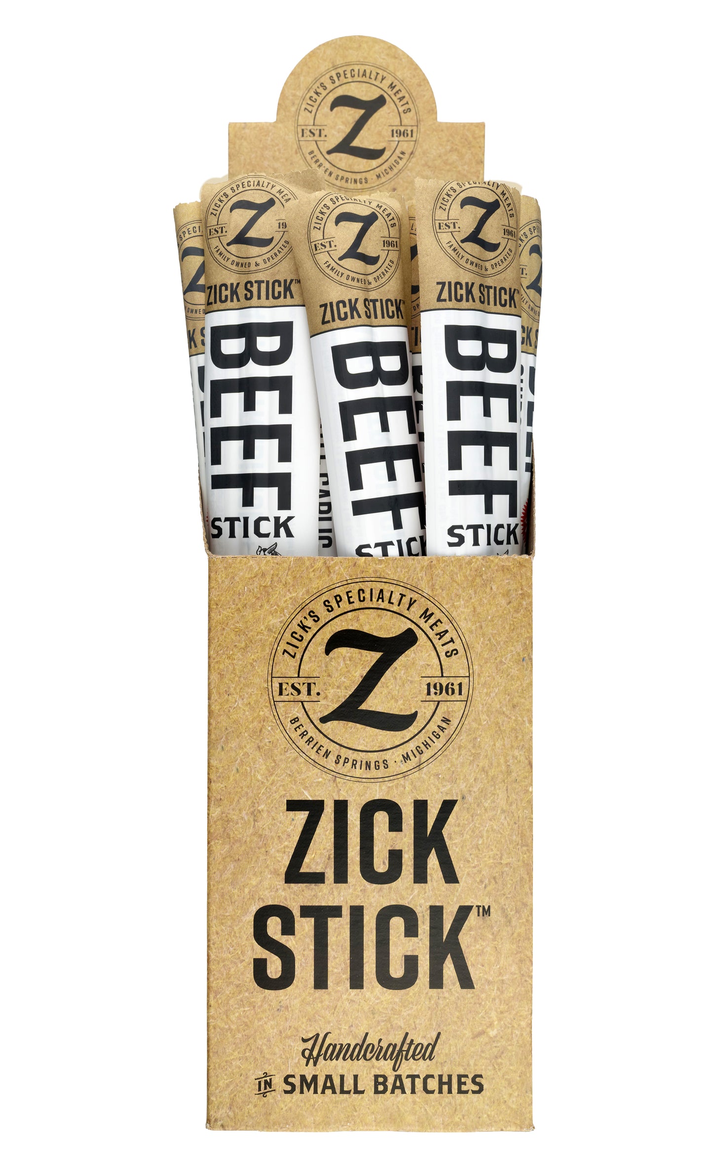 Packaging of 24 Zick Stick beef sticks with a cardboard box on a white background