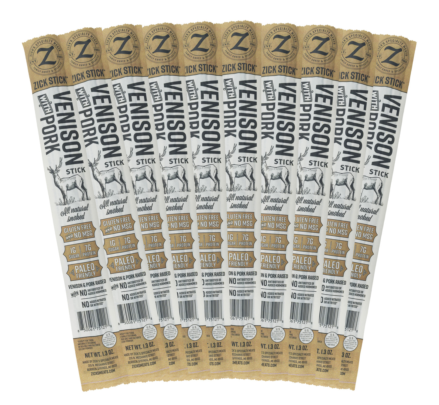 Multiple packages of Zick Stick Venison Sticks on a white background