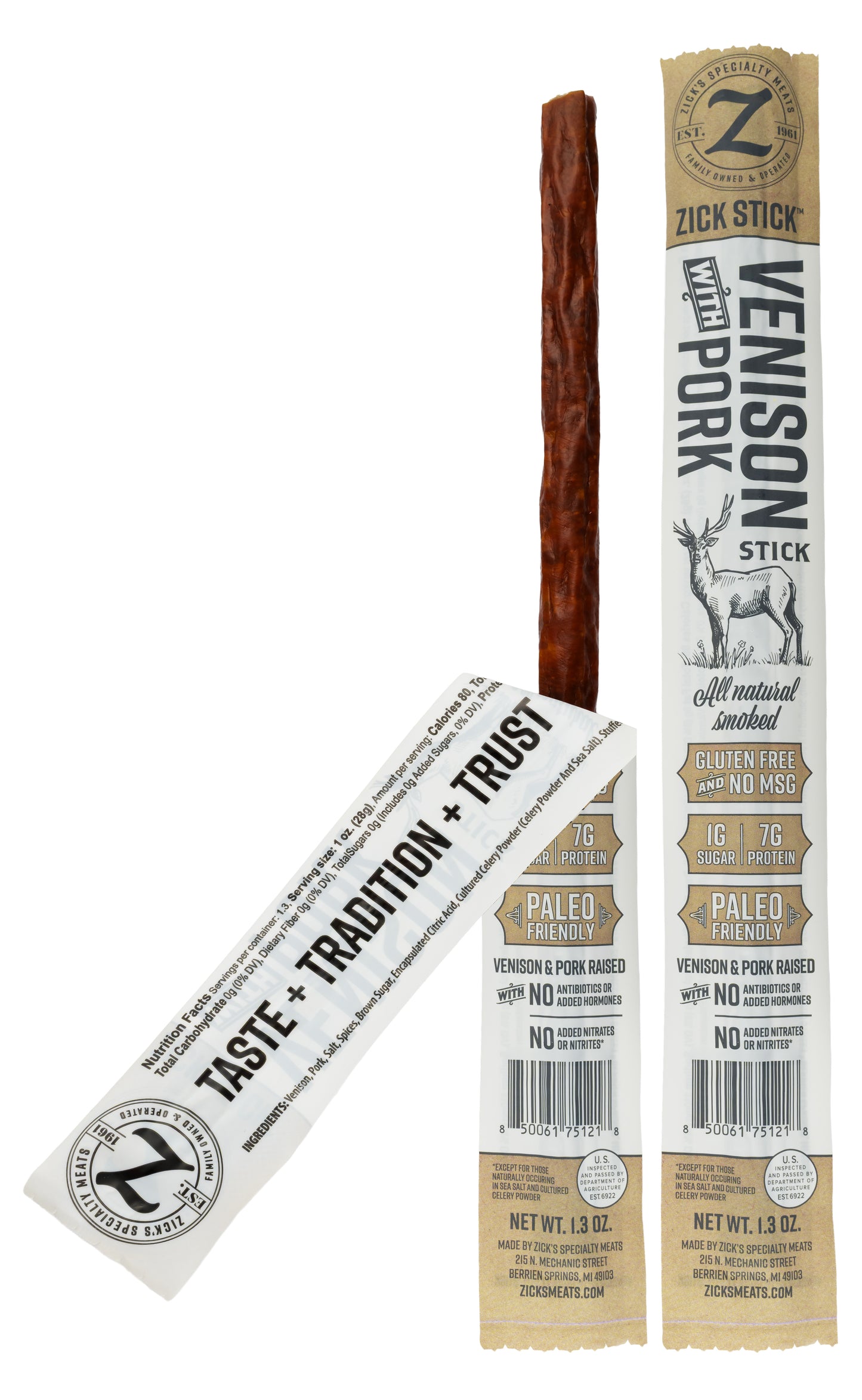 Zick Stick Venison and Pork stick with packaging on a white background