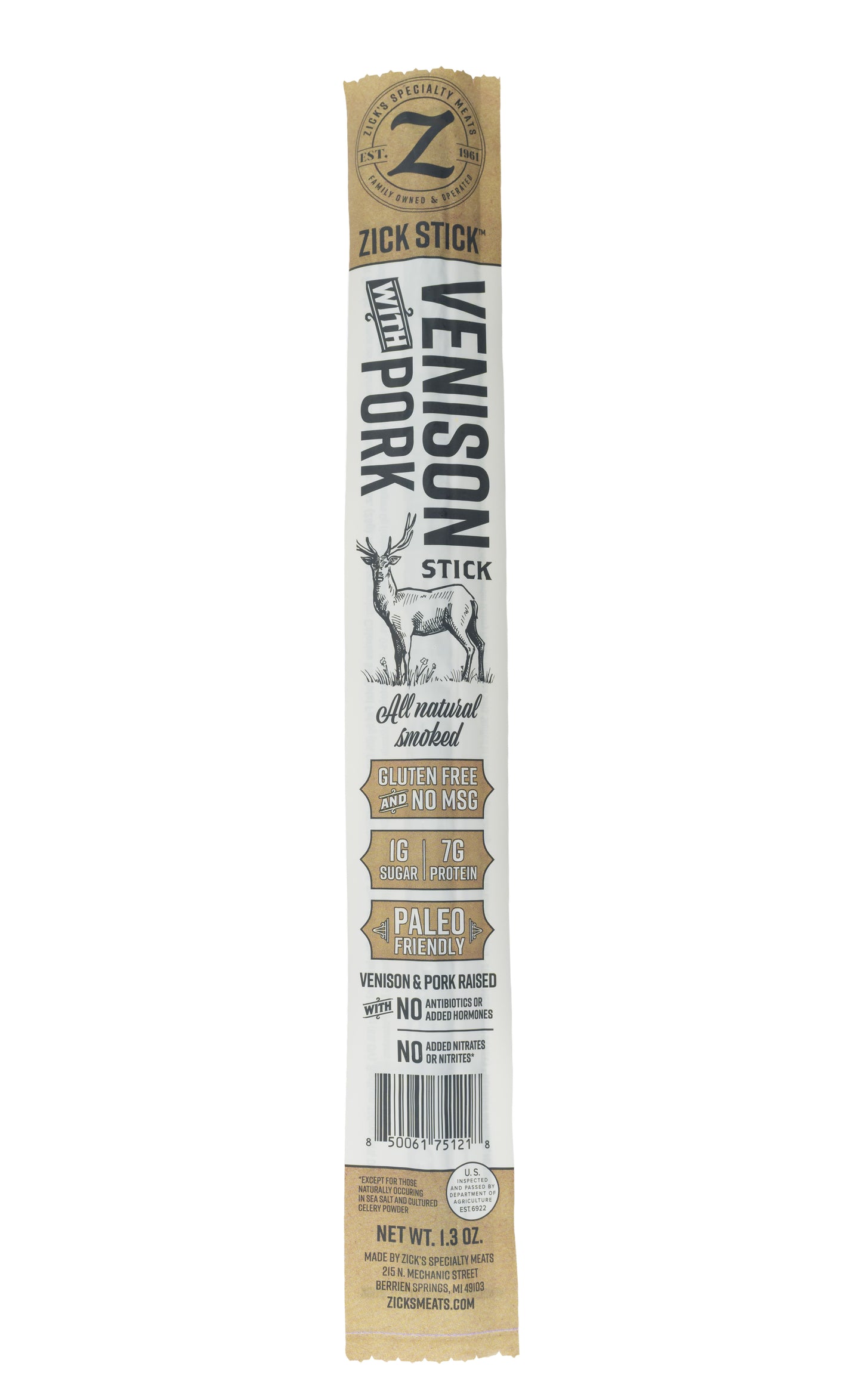 Zick Stick Venison Stick packaging on a white background