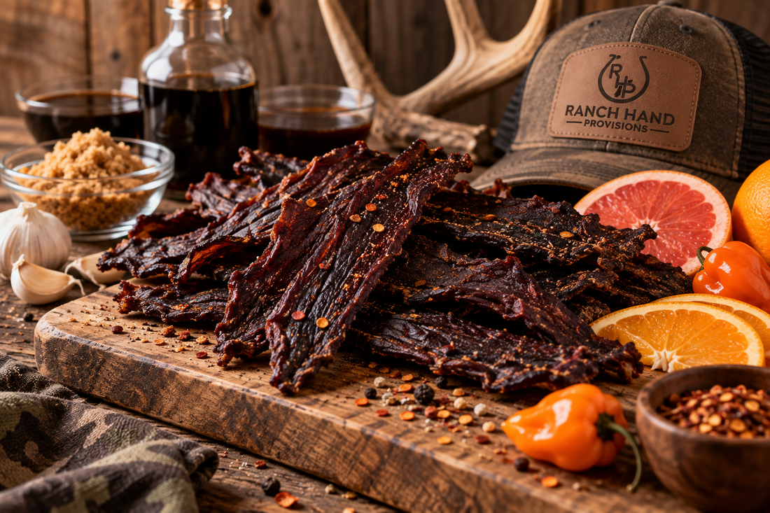 Homemade sweet and spicy venison jerky recipe with citrus and peppers