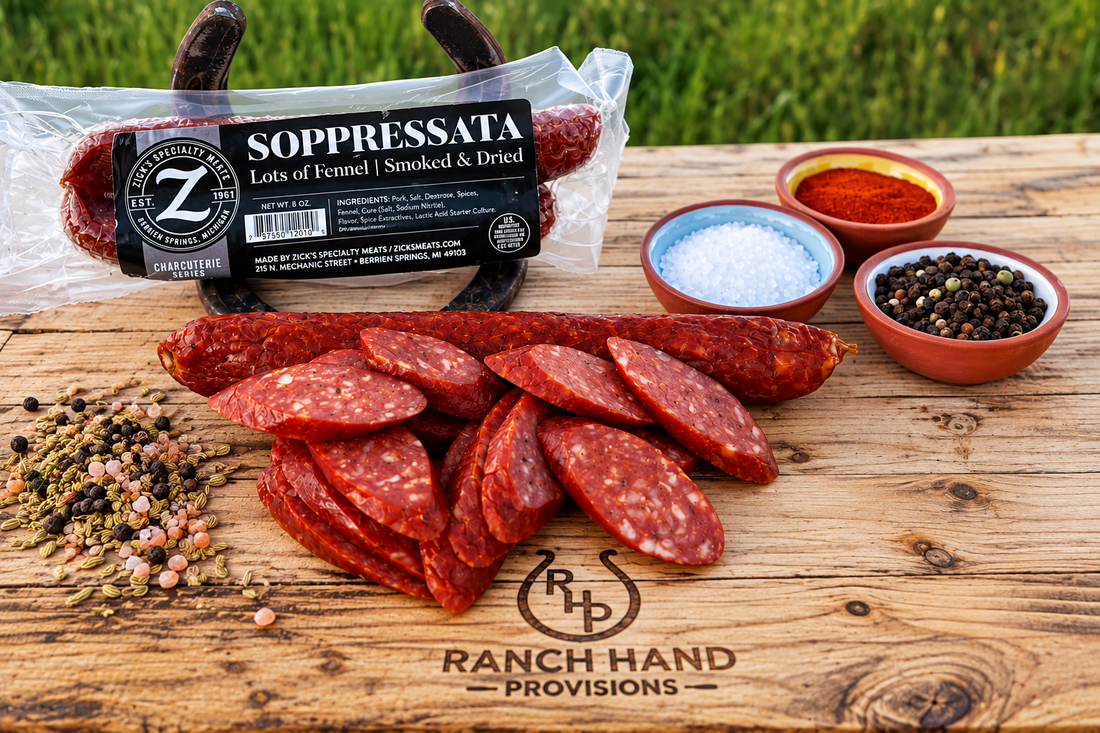 Sliced soppressata Italian salami from Ranch Hand Provisions with salt, pepper and spices