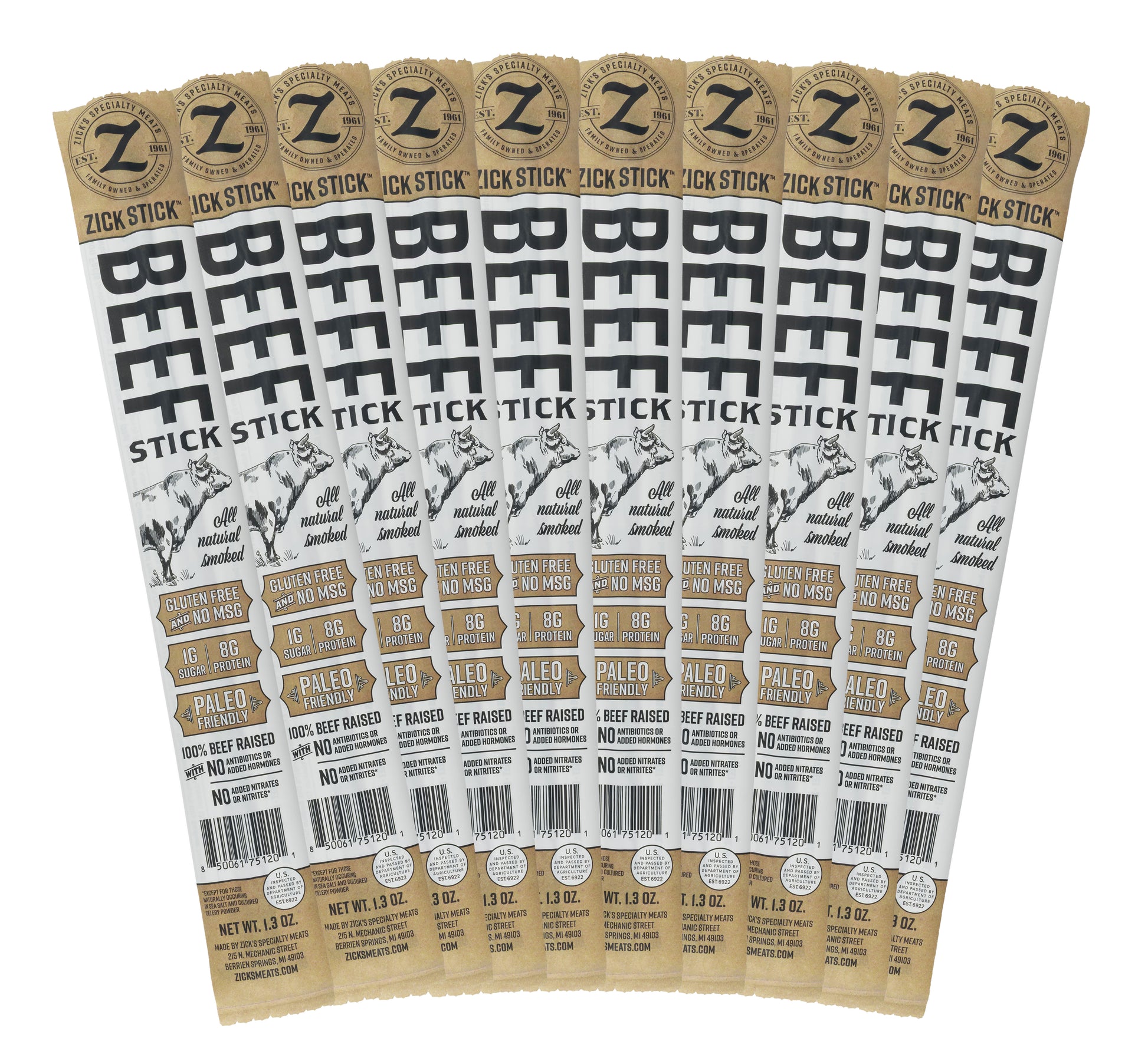 Multiple packages of Zick Stick Beef Stick packaging on a white background