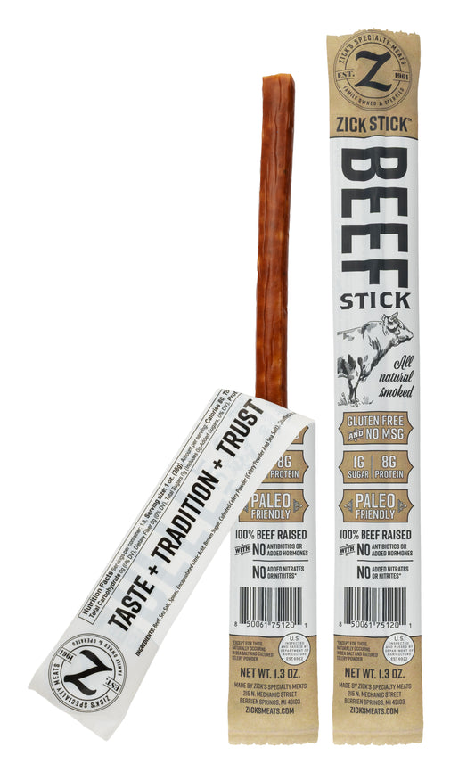 Beef stick with packaging labeled 'Zick Stick' on a white background