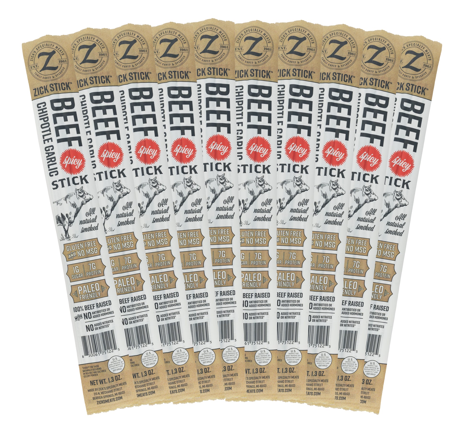 Multiple packages of Zick Stick Spicy Beef Sticks on a white background