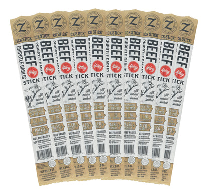 Multiple packages of Zick Stick Spicy Beef Sticks on a white background