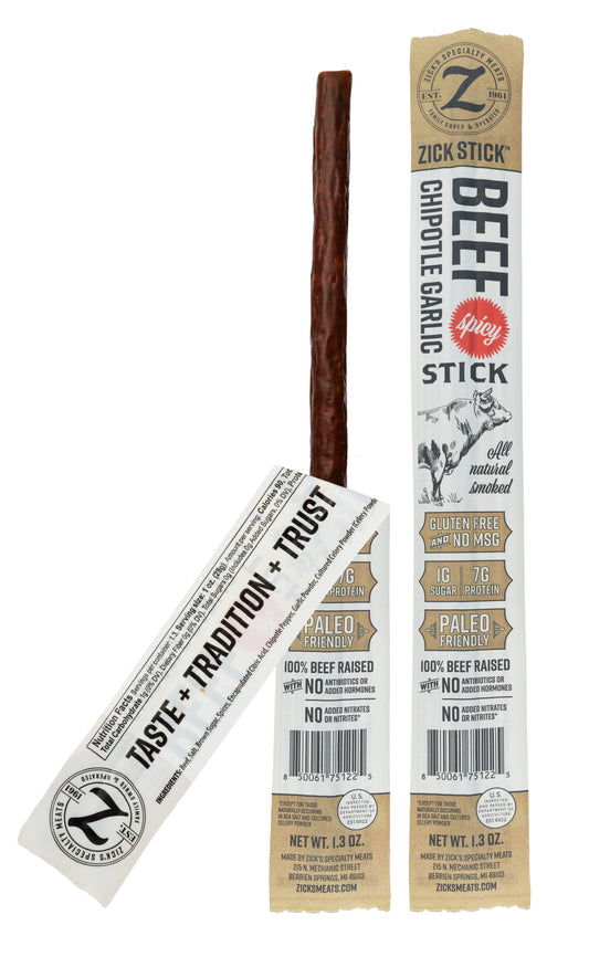 Zick Stick spicy beef with packaging on a white background