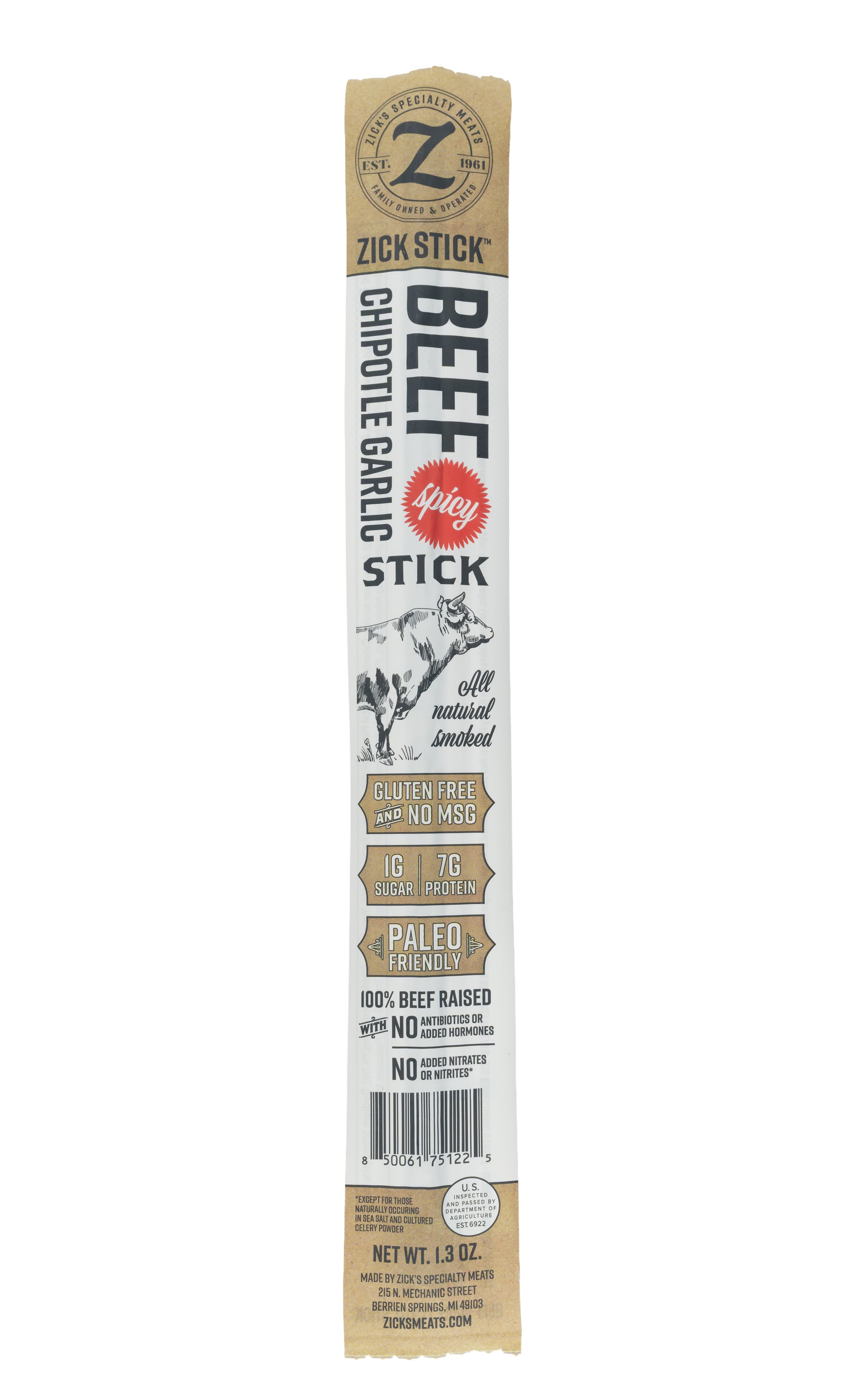 Zick Stick Spicy Beef Stick packaging with label on a white background
