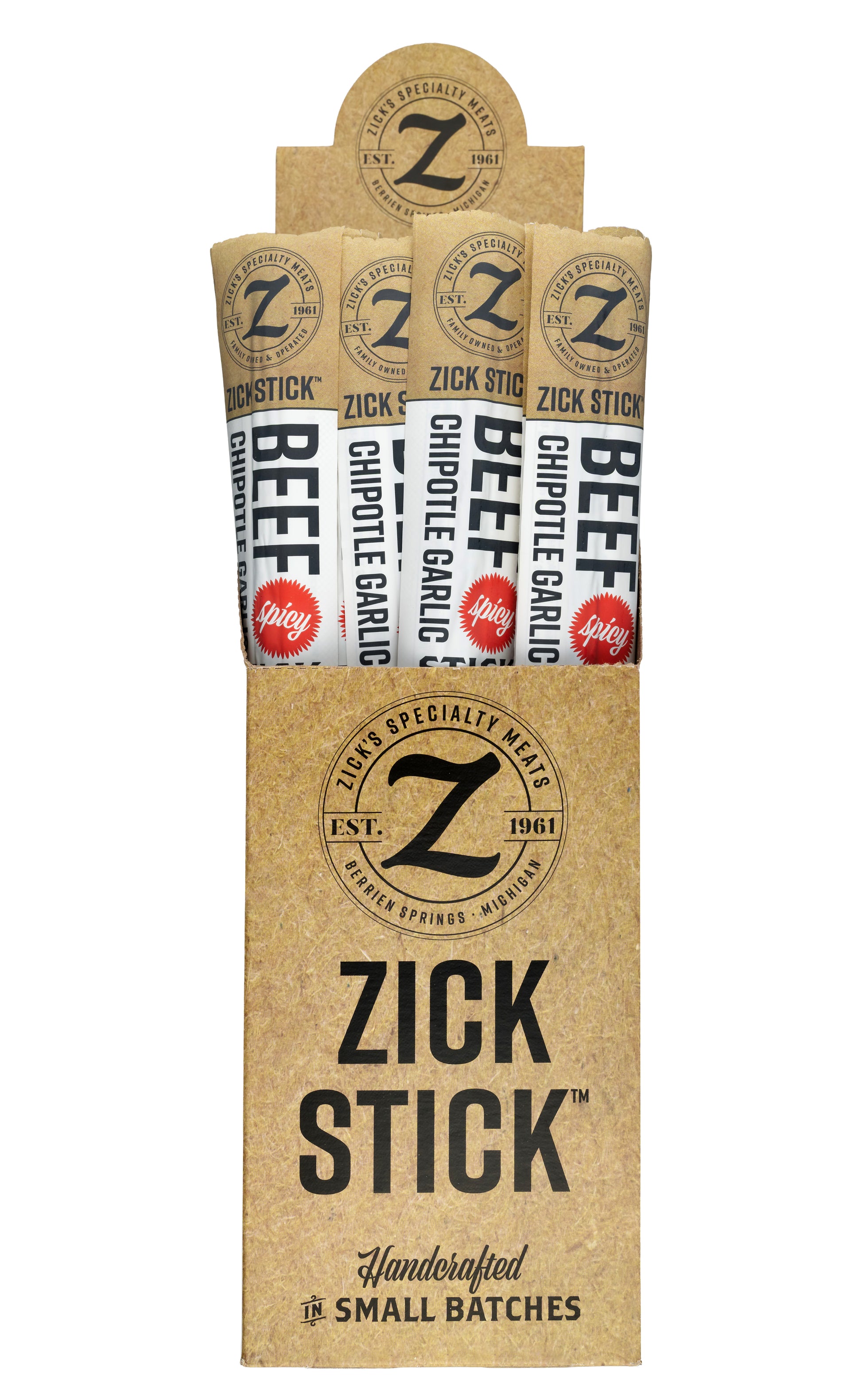 Zick Stick 24 packaging with spicy beef and chipotle garlic flavors on a white background