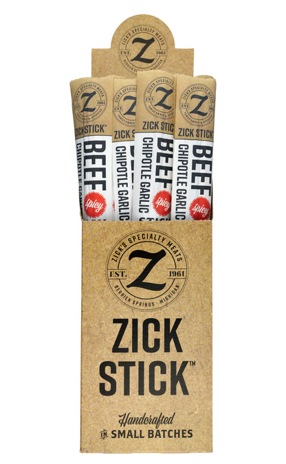 Zick Stick 24 packaging with spicy beef and chipotle garlic flavors on a white background
