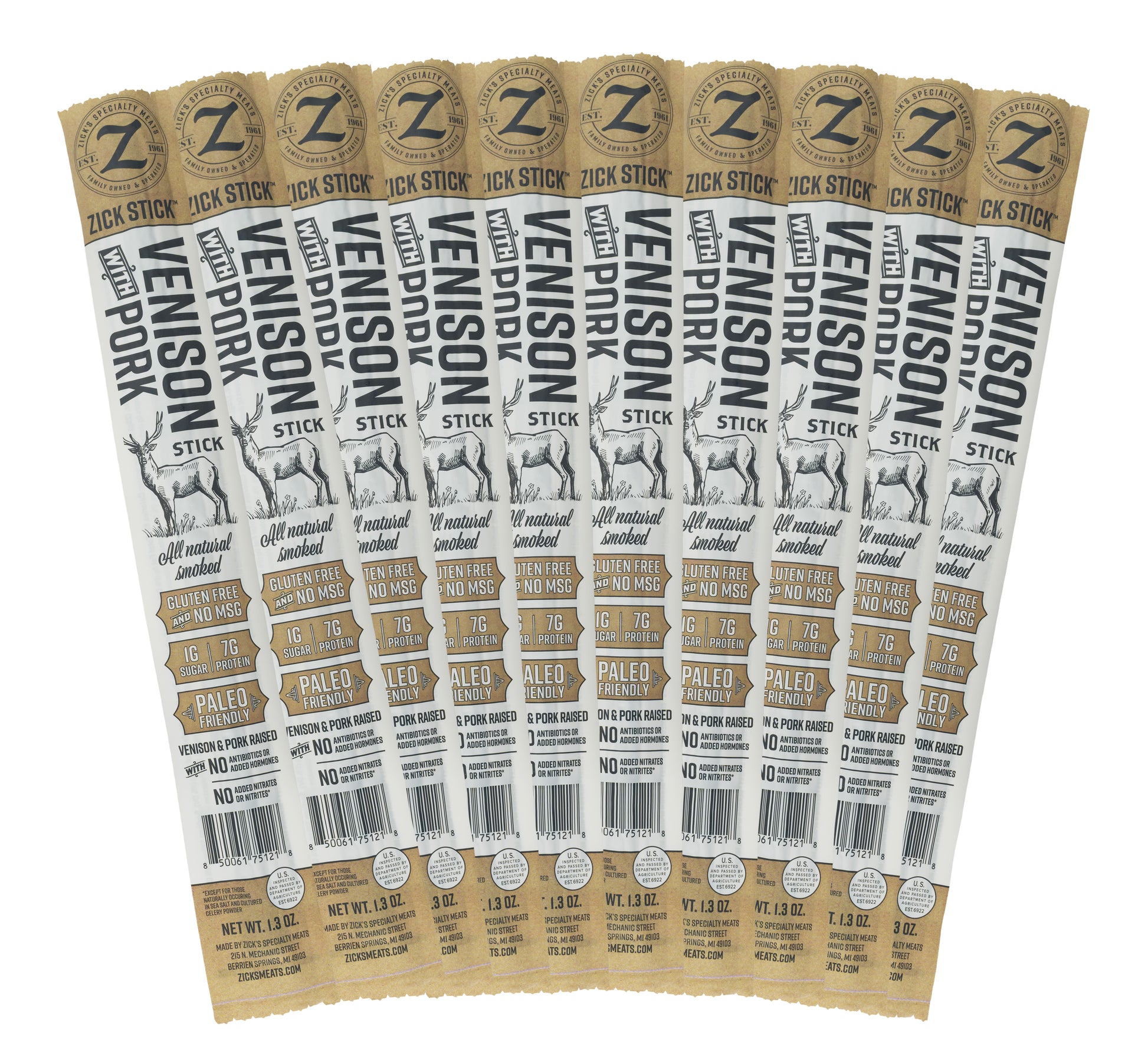 Multiple packages of Zick Stick Venison Sticks on a white background