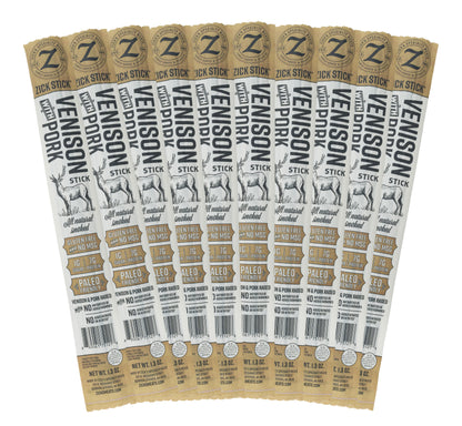 Multiple packages of Zick Stick Venison Sticks on a white background