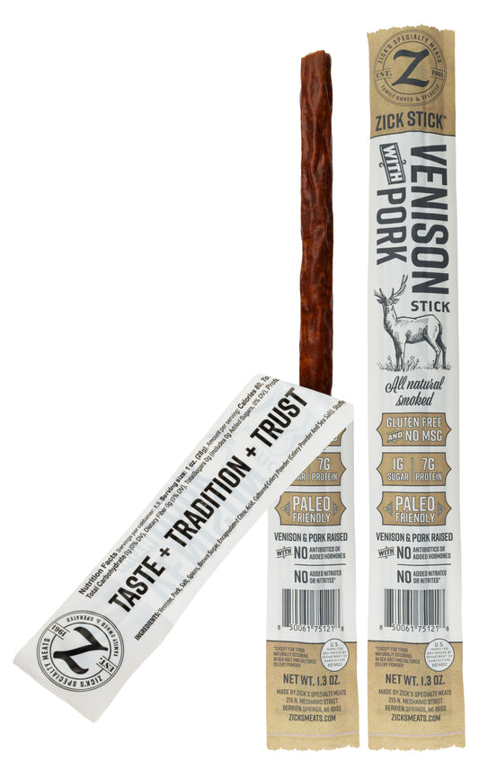 Zick Stick Venison and Pork stick with packaging on a white background